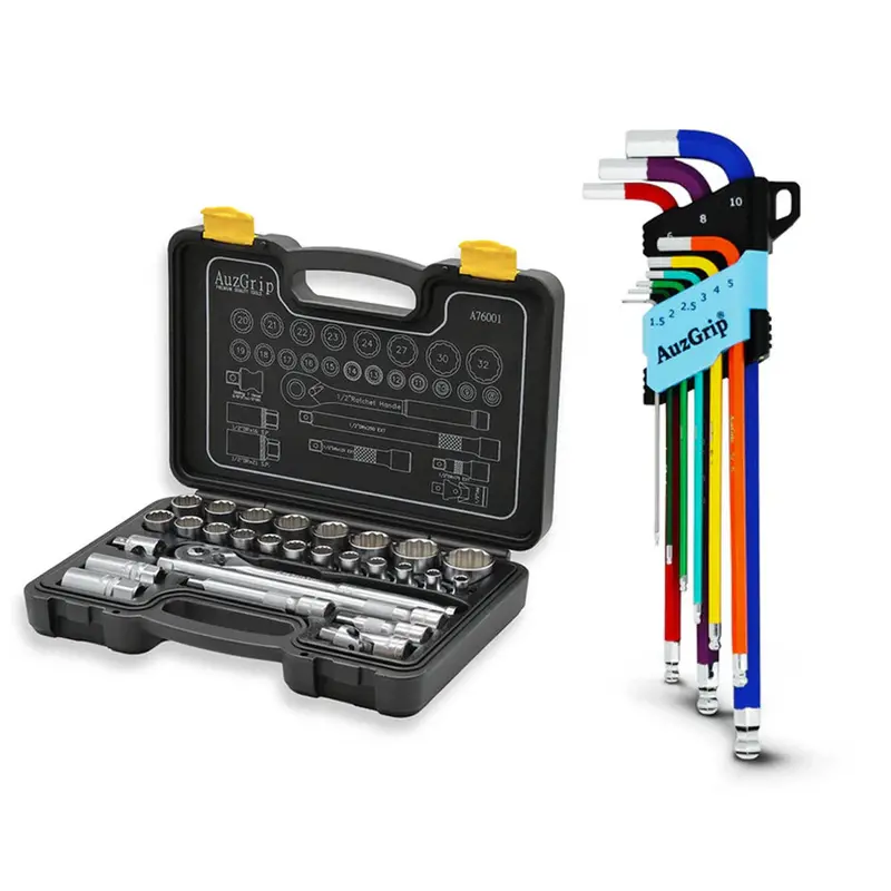 Auzgrip A76001 28-Piece 1/2" Drive Socket Set + A71300 9-Piece Hex Key Set 1