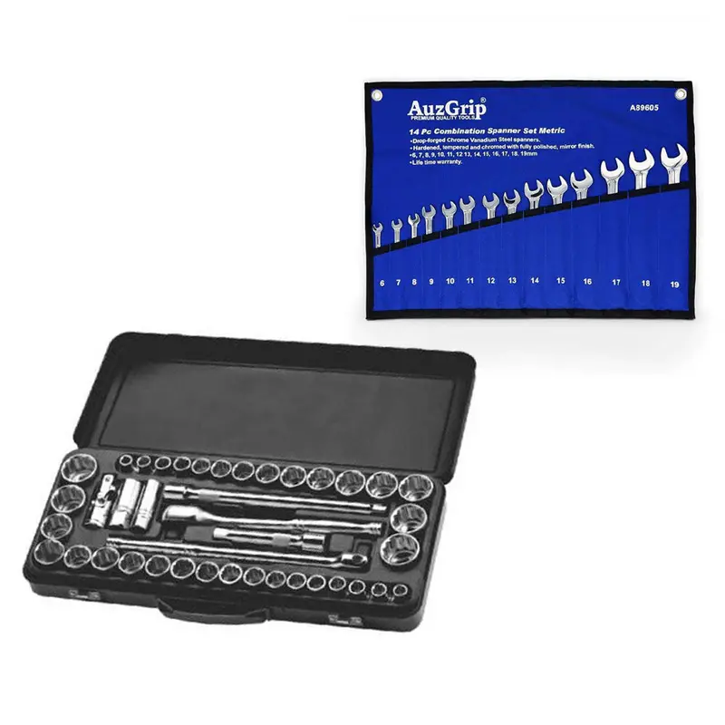 Auzgrip A76002 41-Piece Socket Set Paired With A89605 14-Piece Spanner Set 1
