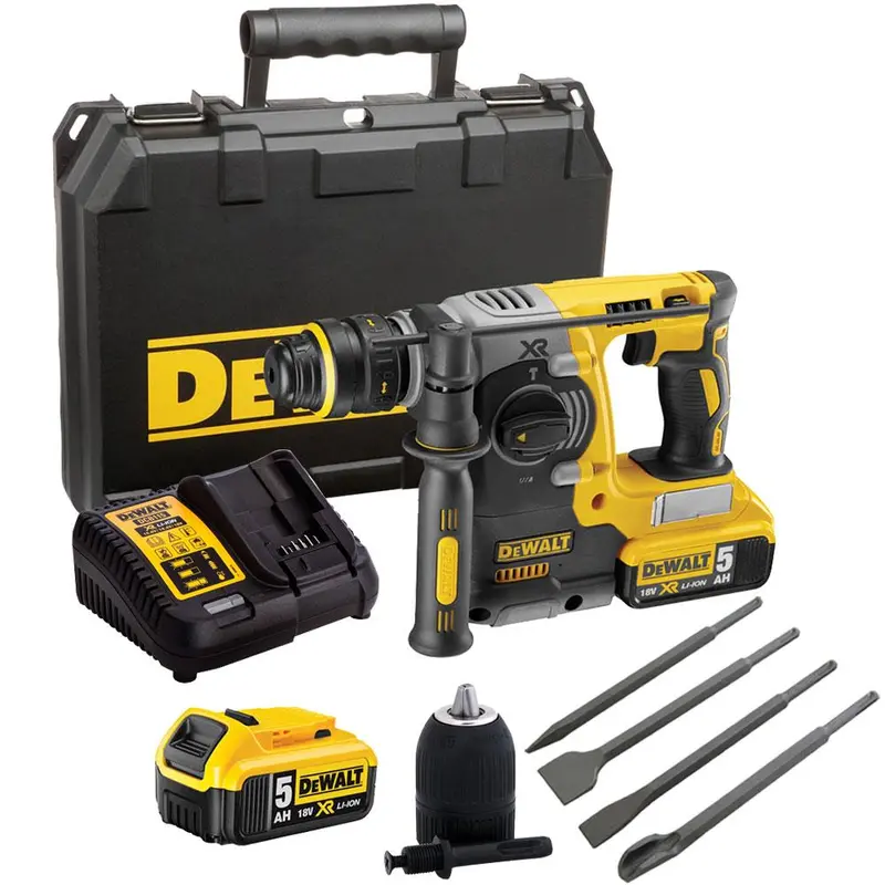 Dewalt Dch273P2 18V Brushless Sds+ Hammer Drill Kit: 2×5.0Ah Batteries, Charger, Case + 4-Chisel Set & Keyless Chuck 1