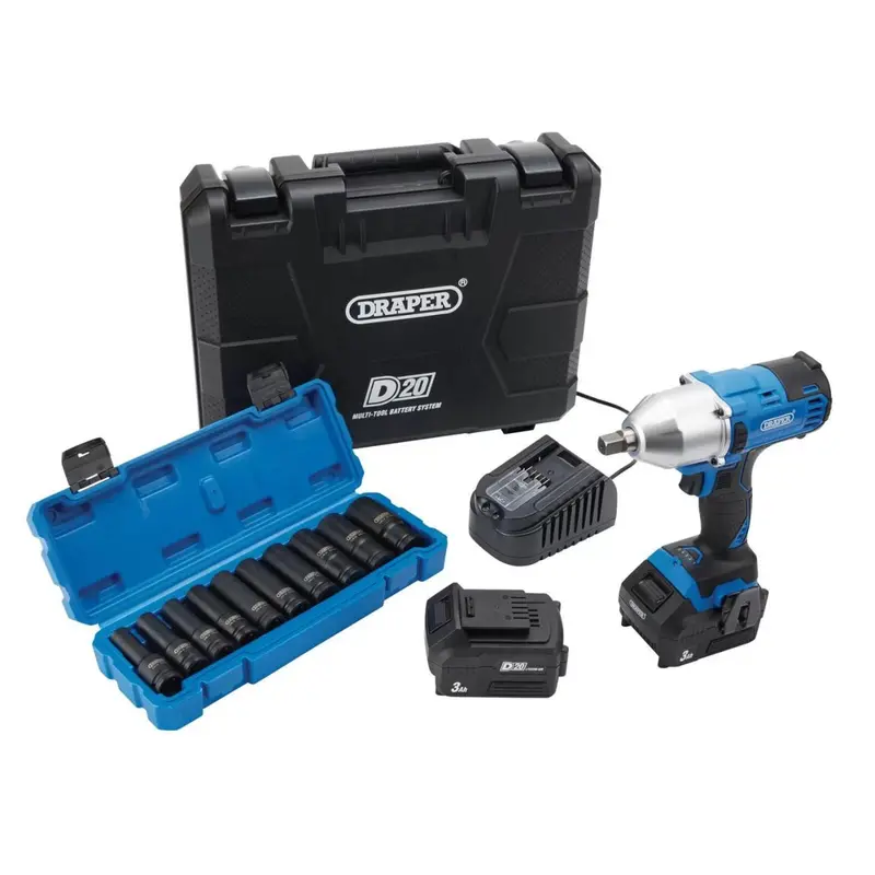 Draper 20V Cordless Impact Wrench Kit With 1/2" Drive & 10-Piece Metric Deep Socket Set (Model Ptkd20/Oct2) 1