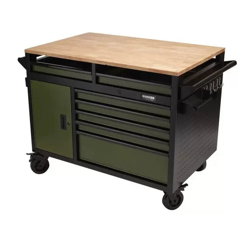 Draper Bunker B100-48Mtgr – 48" Multi-Functional Rolling Workbench, 14-Drawer Green Cabinet (Model 08269) 1