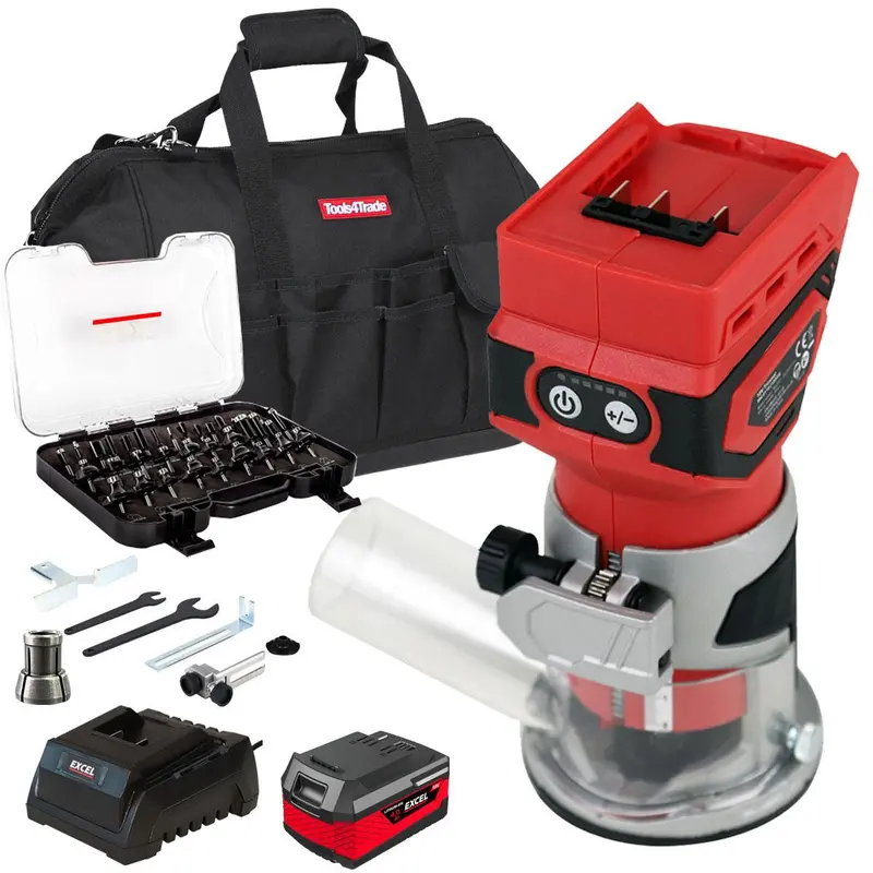 Excel 18V 1/4" Router Trimmer Kit: 4.0Ah Battery, Fast Charger, Carry Bag & 35-Piece Bit Set 1