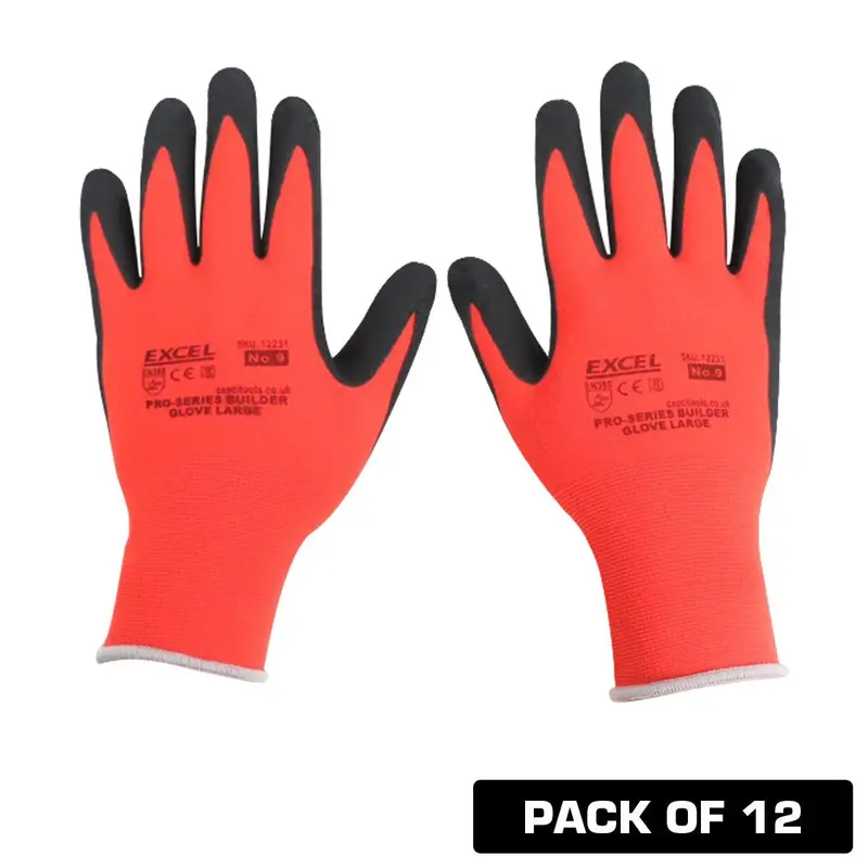 Excel Pro-Series Builder Gloves – Red/Black, Size L, Value Pack (12 Pairs) 1