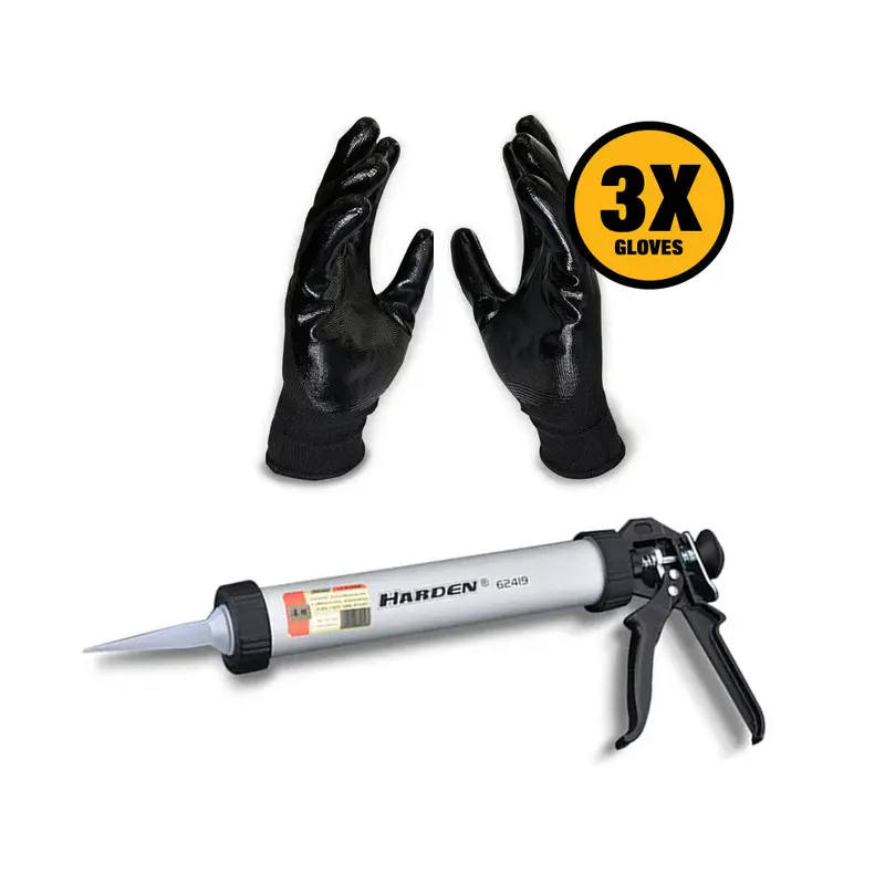 Harden 620419 15-Inch Professional Caulking Gun + Duramix 3-Pair Nitrile Gloves 1