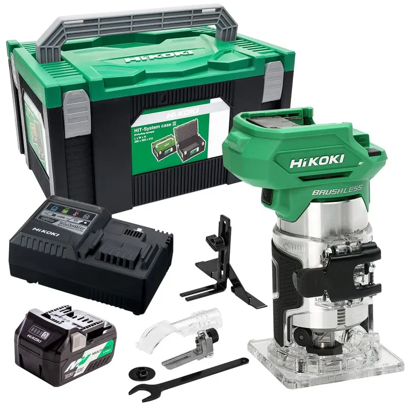 Hikoki M1808Daj2Z 18V Brushless 1/4" Router Trimmer – Includes 2.5Ah/5.0Ah Battery And Fast Charger 1