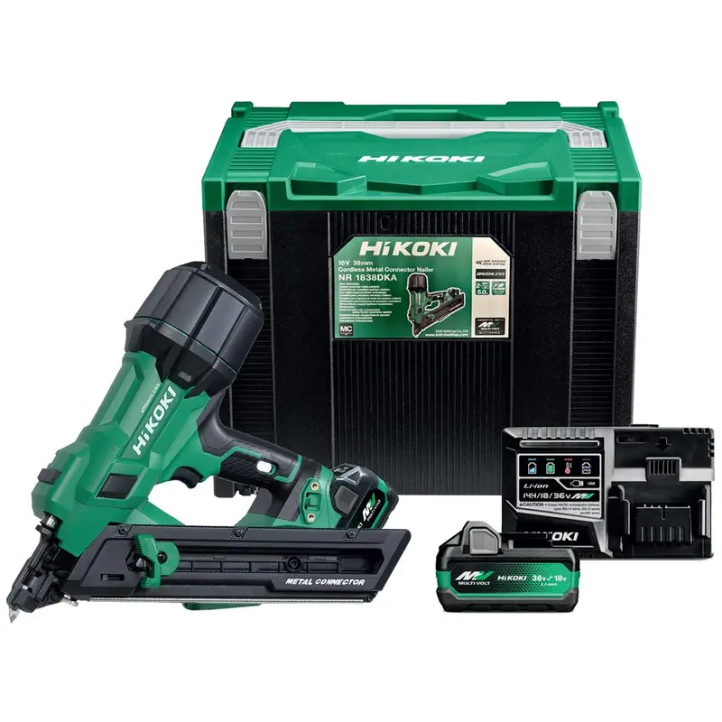Hikoki Nr1838Dkajxz 18V Brushless Metal Connector Nailer – 38 Mm Fastening Tool With Dual Batteries, Charger & Case 1