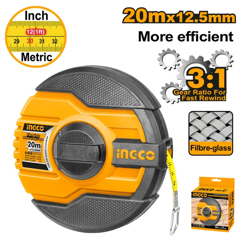 Ingco 20M X 12.5Mm Fiberglass Tape Measure – Non-Conductive & Lightweight Hfmt8320 1