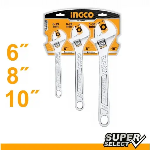 Ingco 3-Piece Adjustable Wrench Kit – Tiered Lengths For Versatility 1