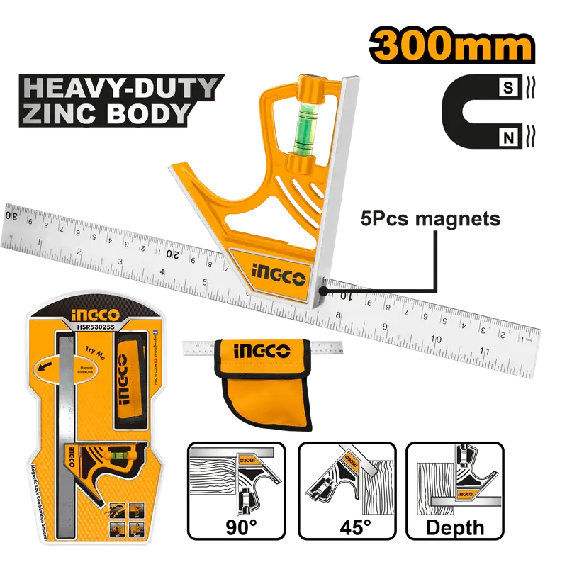Ingco 300Mm Magnetic Combination Square With Locking Mechanism – Hsr530255 1