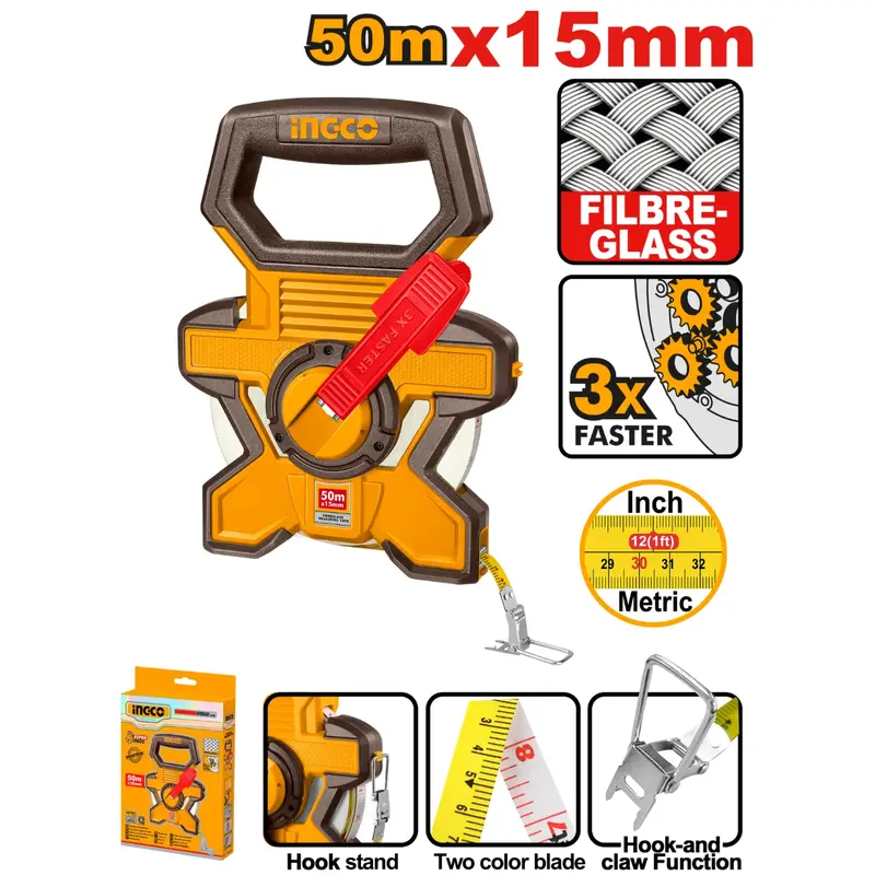 Ingco 50M X 15Mm Fiberglass Tape Measure – Wide-Blade Fibreglass Measuring Tool Hfmt1850 1