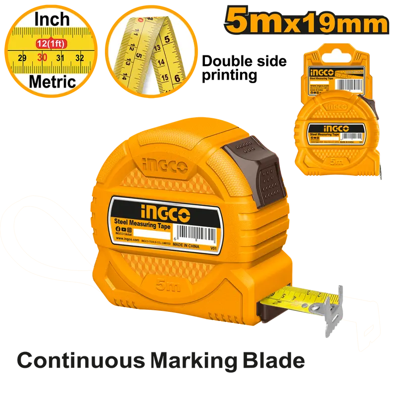 Ingco 5M X 19Mm Steel Tape Measure – Professional Grade Retractable Rule 1