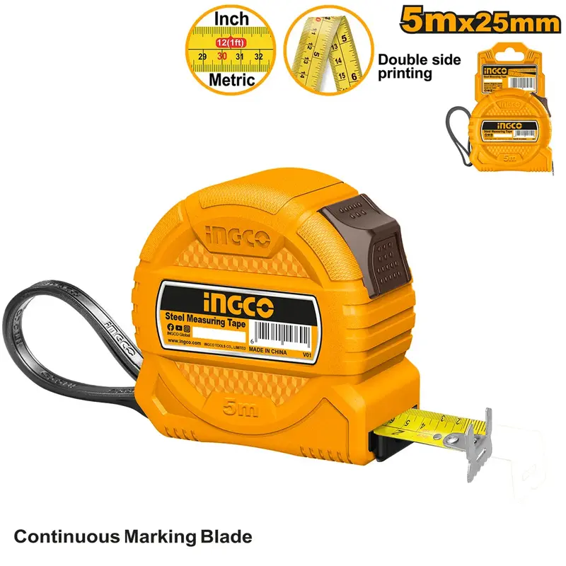 Ingco 5M X 25Mm Heavy-Duty Steel Tape Measure – Wide-Blade Precision Tool 1