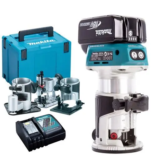Makita Drt50Zjx3 18V Brushless Router Trimmer Kit – 5.0Ah Battery, Charger, Extra Bases & Carry Case 1