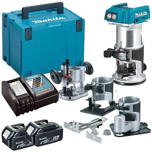 Makita Drt50Zjx3 18V Brushless Router Trimmer With Extra Bases, Dual 5.0Ah Batteries, Charger, And Carrying Case 1