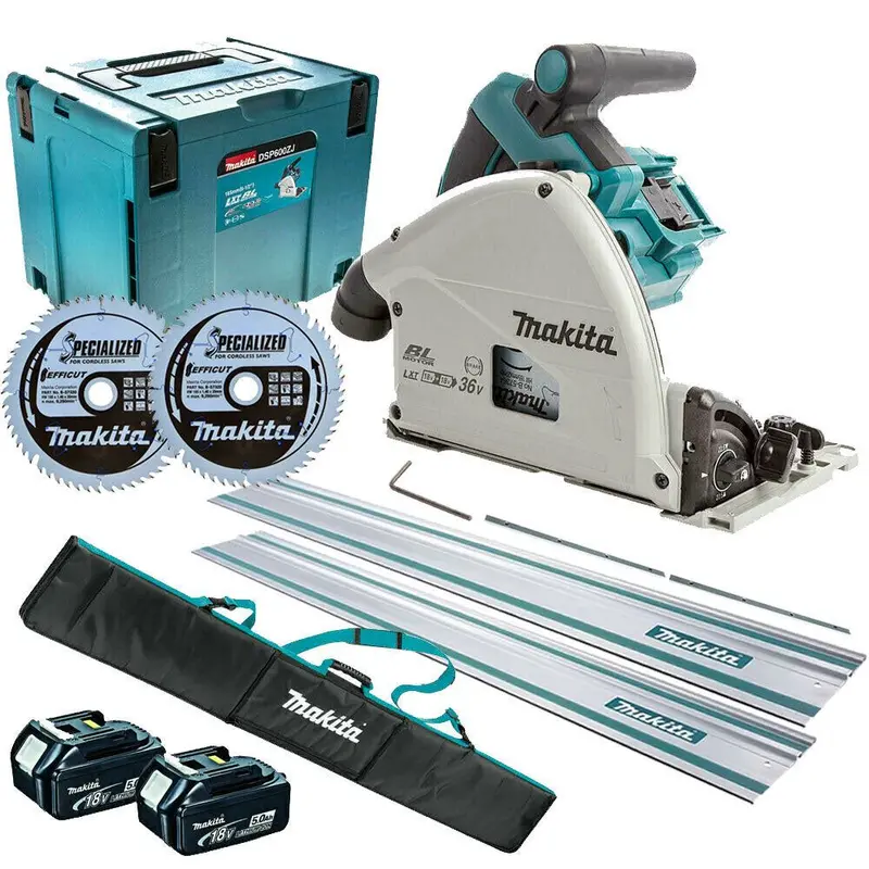 Makita Dsp600Tj 36V Brushless 165Mm Plunge Saw With Two 5.0Ah Batteries And Full Accessory Pack 1