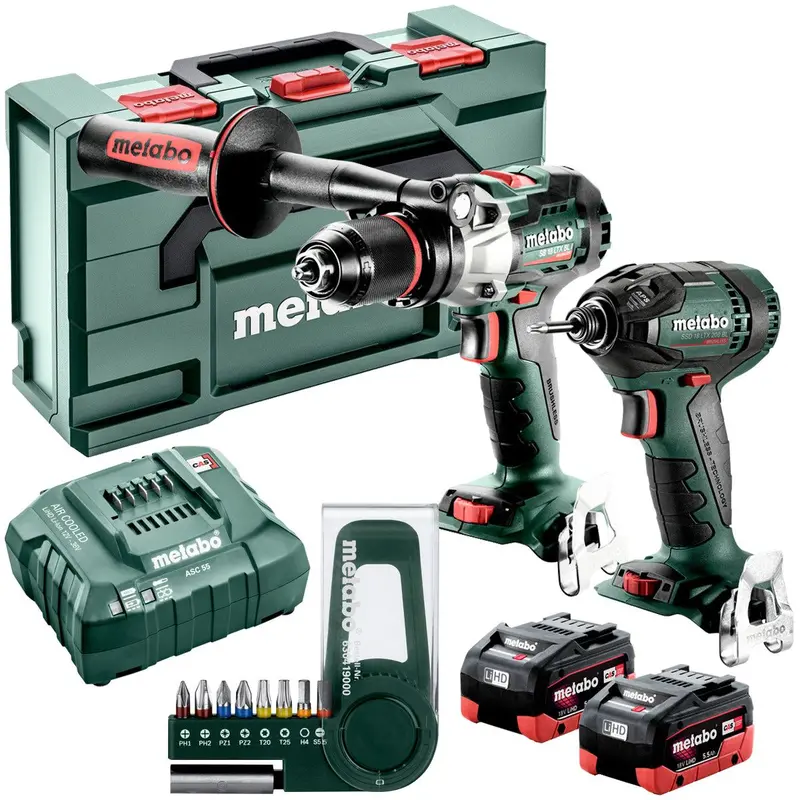 Metabo 2.1.15 Brushless Combo Kit — Hammer Drill & Impact Driver With Two 5.5Ah Batteries, Charger, And 9-Piece Bit Set 1