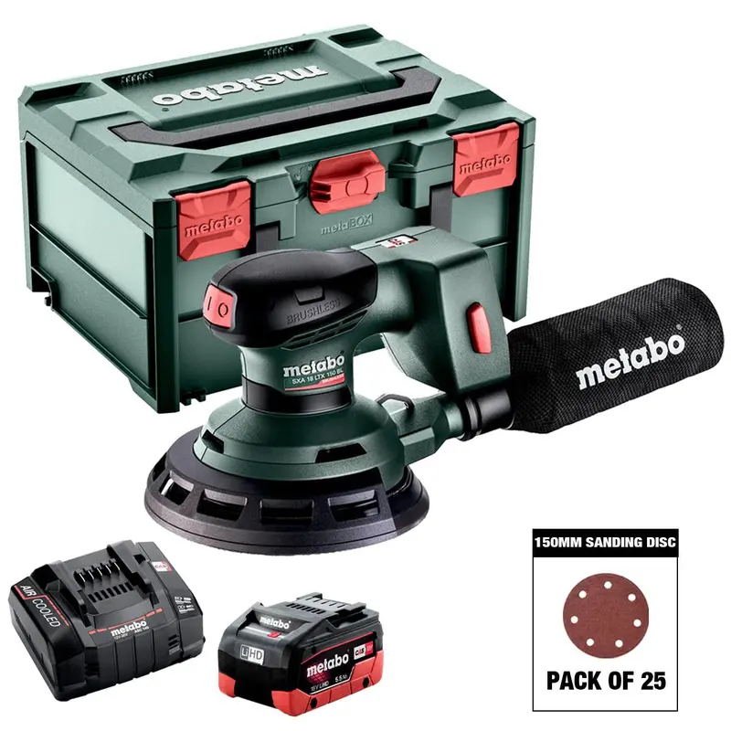 Metabo Sxa 18 Ltx 150 Bl 18V Brushless Random Orbital Sander (150Mm) – Includes 25-Mix Grit Discs, 5.5Ah Battery, Charger & Carrying Case 1
