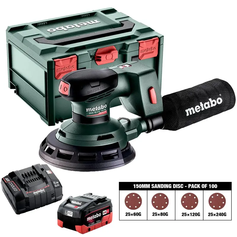 Metabo Sxa 18 Ltx 150 Bl 18V Brushless Random Orbital Sander (150Mm) – Kit With 100-Piece Grit Set (60G, 80G, 120G, 240G), Battery, Charger & Case 1