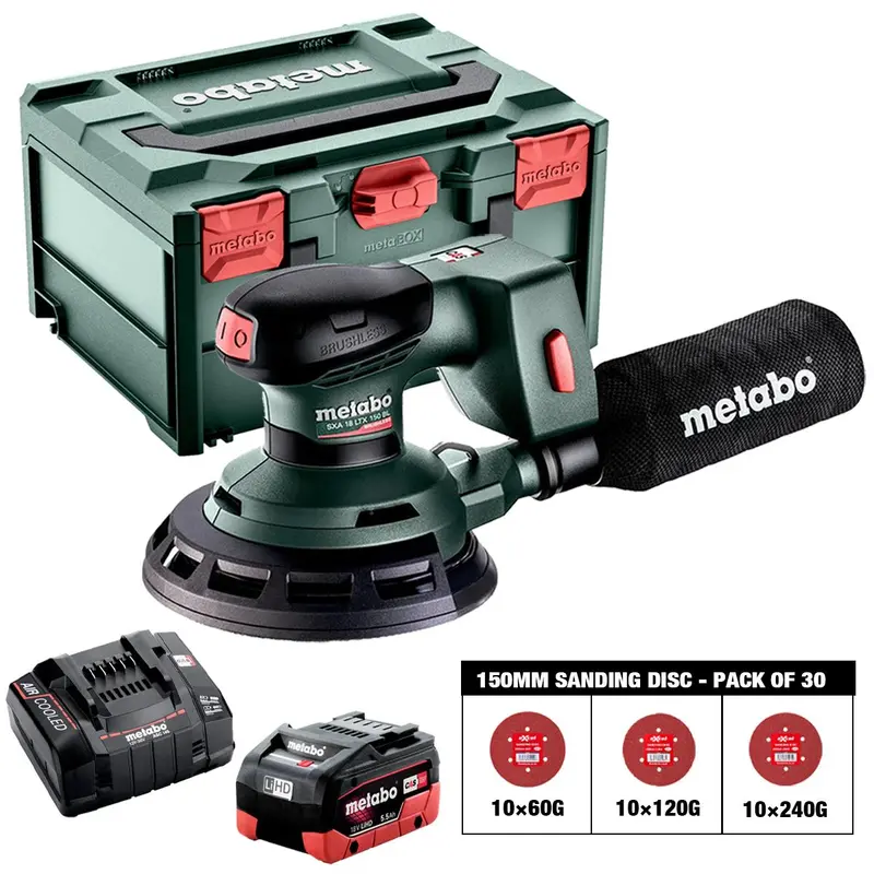 Metabo Sxa 18 Ltx 150 Bl 18V Brushless Random Orbital Sander (150Mm) – Kit With 30-Piece Grit Set (60G, 120G, 240G), Battery, Charger & Case 1