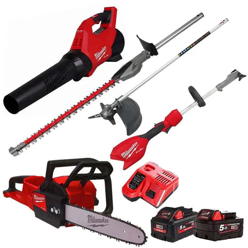 Milwaukee M18 3-Piece Cordless Garden Kit – Hedge Trimmer + Brush Cutter, 2 Batteries & Charger (T4Tkit-29515) 1