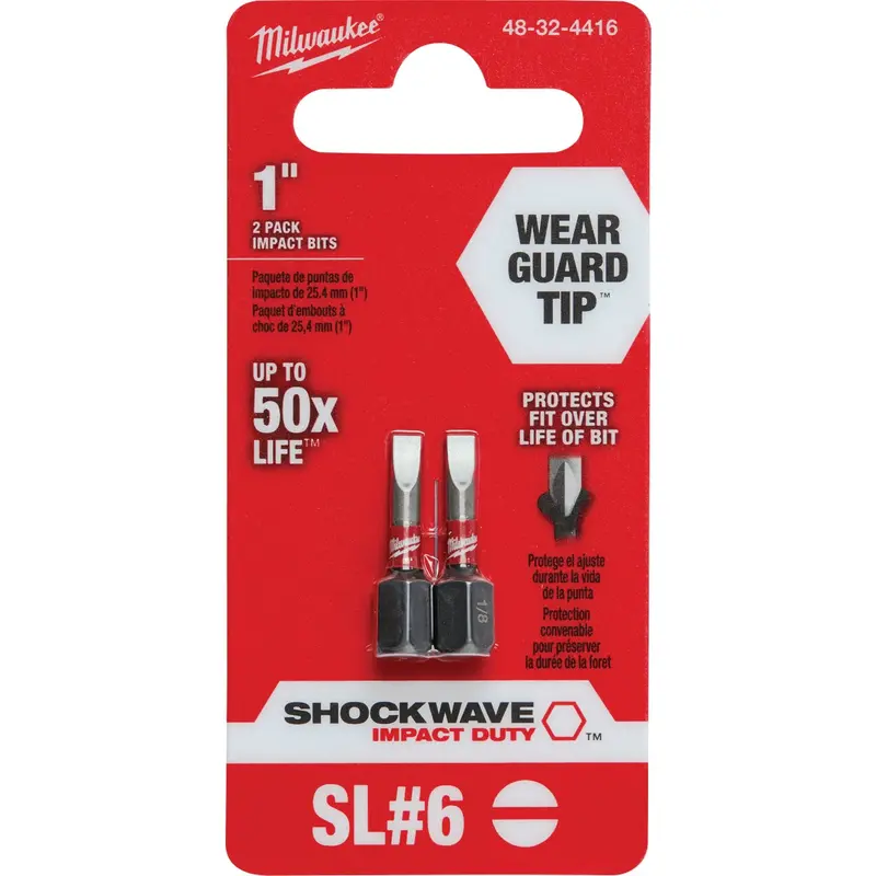 Milwaukee Shockwave Slotted Screwdriver Bit – #6, 1-Inch Length, Impact-Resistant, 2-Pack 1