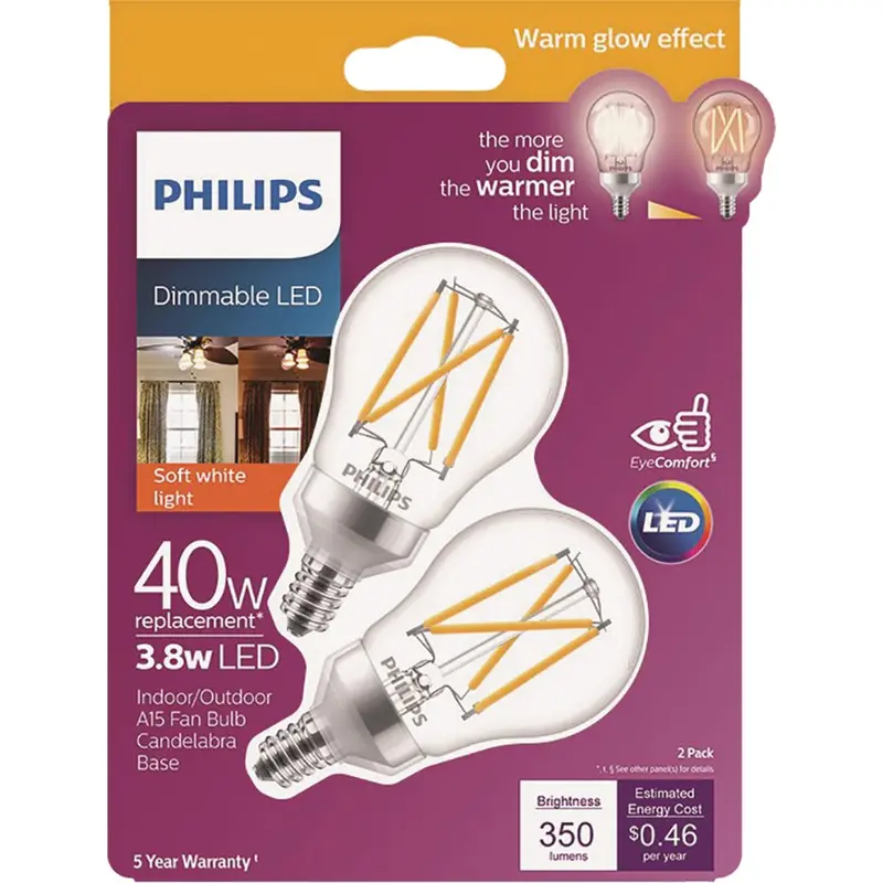 Philips Warm Glow Dimmable Led Candelabra Bulbs – 40W Equivalent A15 Soft White, 2-Pack 1