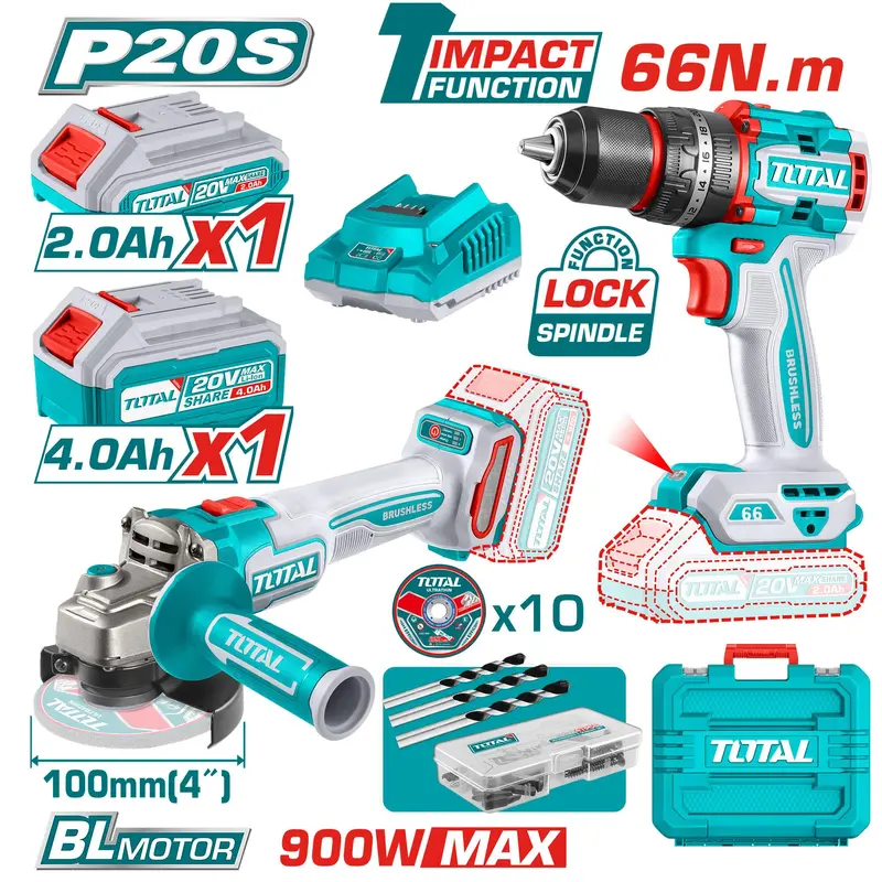 Total 2-Piece Cordless Tool Combo: Drill Driver + Angle Grinder – Tckli2027310 1