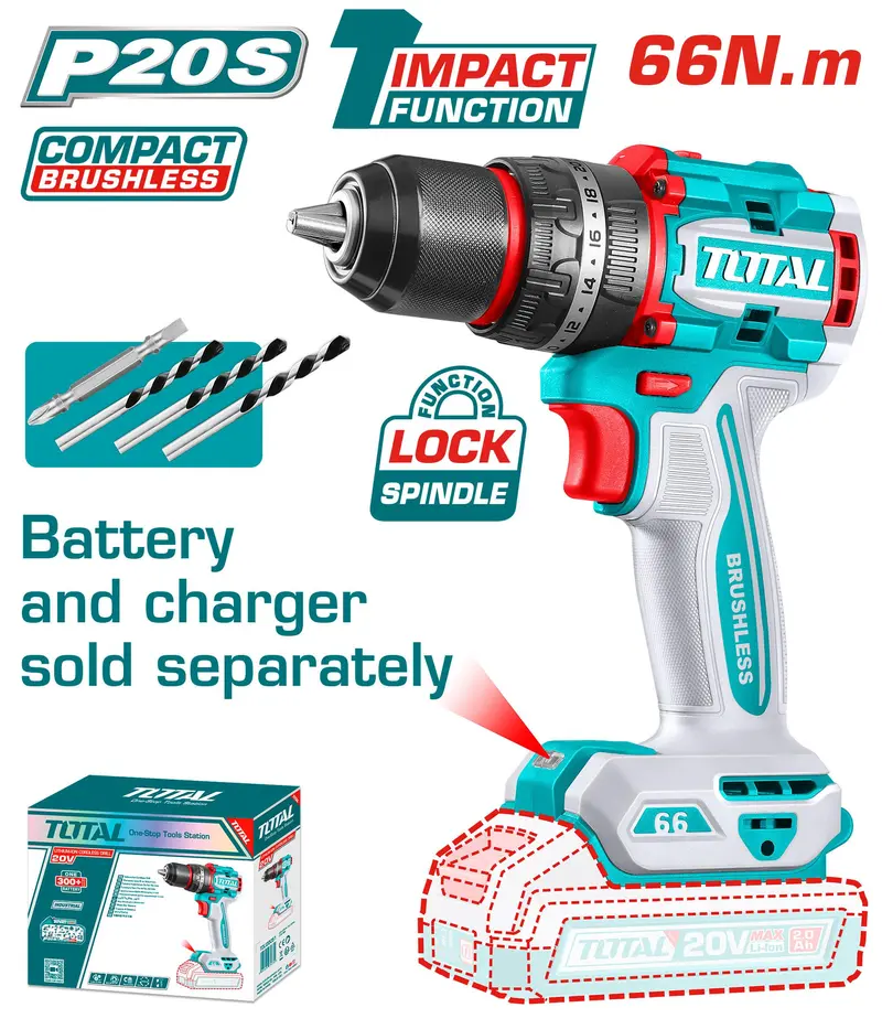 Total 20V Brushless Cordless Impact Drill – Compact Design, Model Tidli206681 1