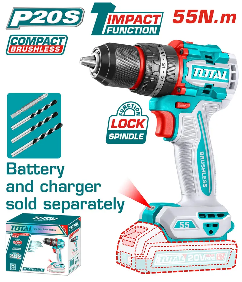 Total 20V Brushless Cordless Impact Drill – Lightweight & High-Torque, Model Tidli205581 1
