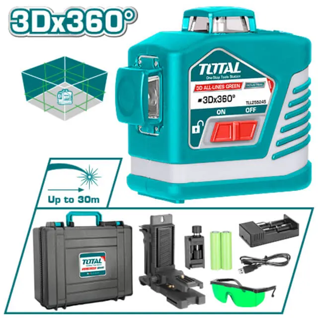 Total 3D Green Beam Self-Leveling Cross-Line Laser Level – 360° Horizontal & Vertical (Model Tll255245) 1