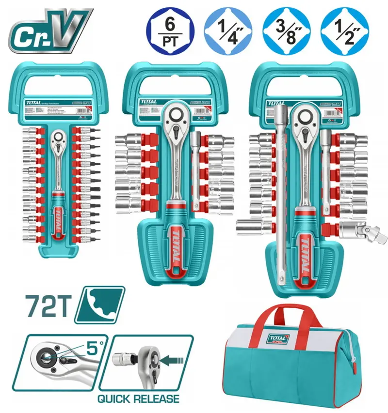Total 57-Piece Multi-Drive Socket Set – Includes 1/4", 3/8", And 1/2" Drives, Tos23092 1