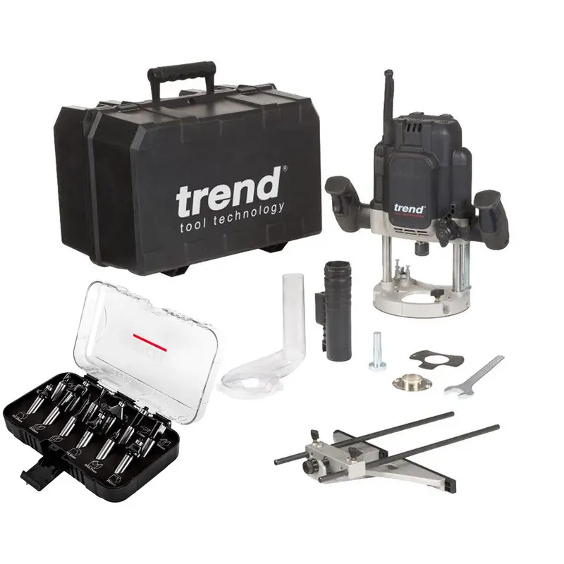 Trend T12Ek 240V 1/2" Variable-Speed Plunge Router — 2300W With 12-Piece Set 1