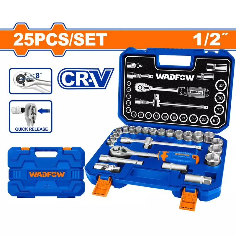 Wadfow 25-Piece 1/2″ Drive Socket Set – Chrome Vanadium Steel (Wst2D25) 1