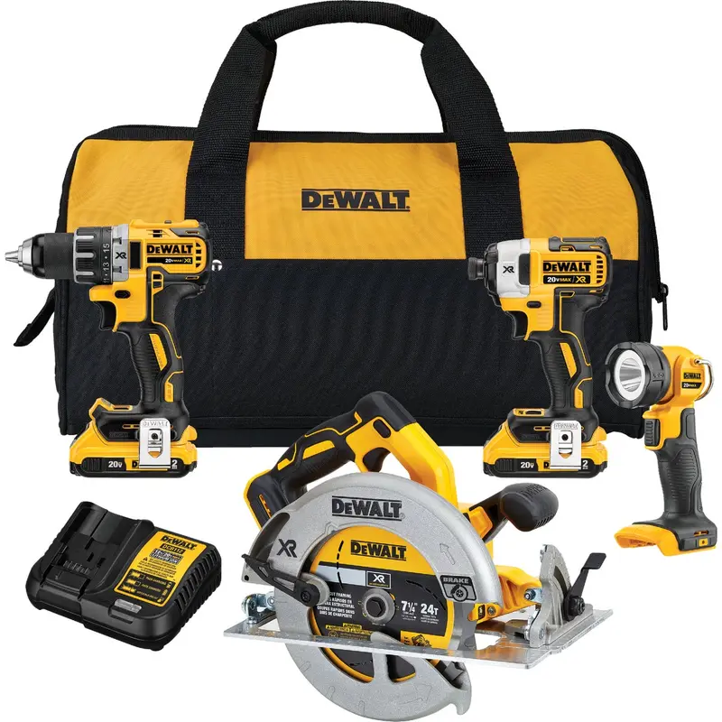 Dewalt 20V Max Xr 4-Tool Cordless Combo Kit: Drill, Impact Driver, Circular Saw & Work Light 1