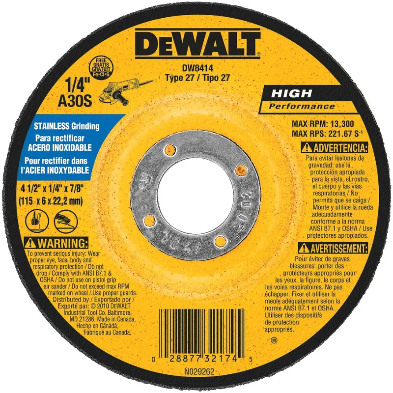 Dewalt Type 27 Stainless Steel Cut-Off Wheel – 4-1/2" X 1/4" X 7/8" Arbor 1