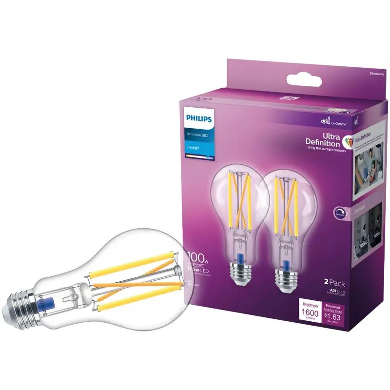 Philips Dimmable Daylight Led Bulb – 100W Equivalent, A21 Clear, 2-Pack 1