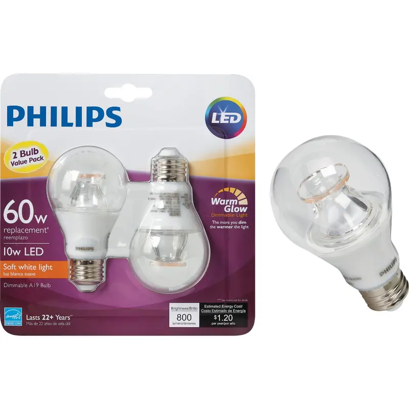 Philips Warm Glow Led Light Bulbs – 60W Equivalent A19 Dimmable Soft White, 2-Pack 1