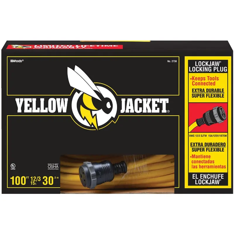 Yellow Jacket Lockjaw Heavy-Duty Extension Cord – 100 Ft, 12/3 Gauge, Outdoor Rated 1